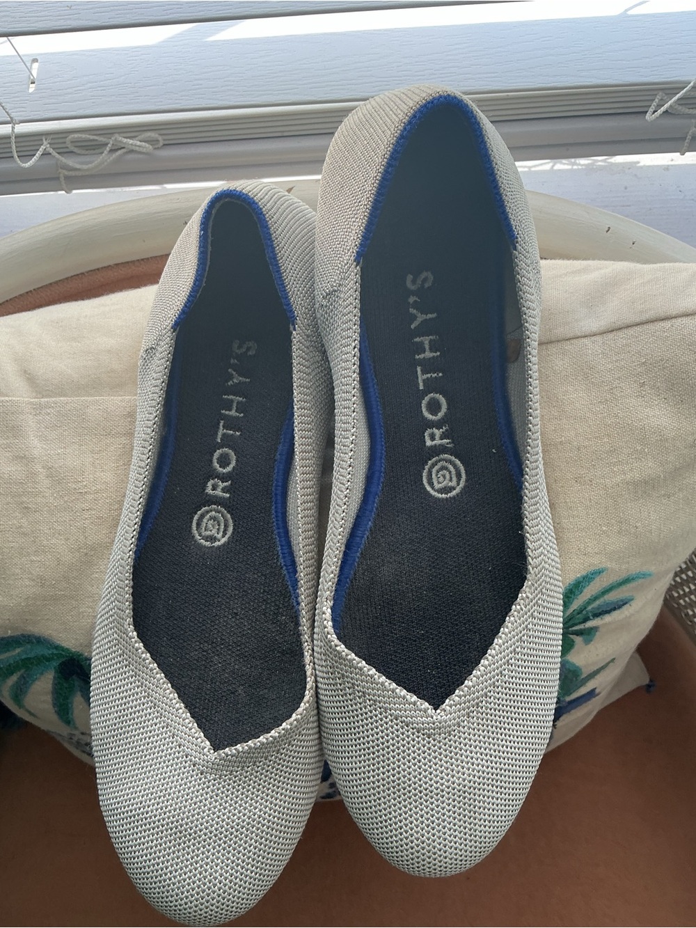 Rothy's Women's Pointed Knit Flats - Light Gray with Blue Trim - Picture 2 of 5